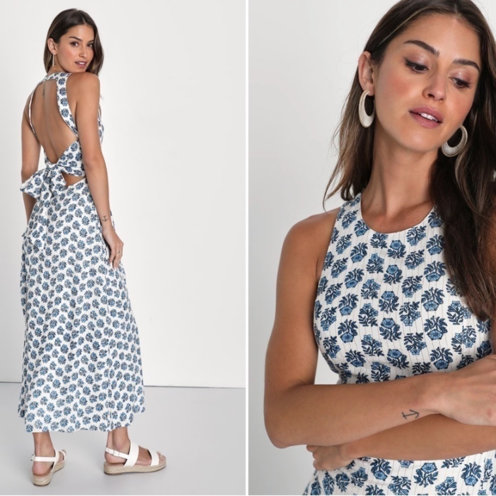 LULUS Floral Flirty Casual Brunch Vacation Beach Tie Back Midi Dress